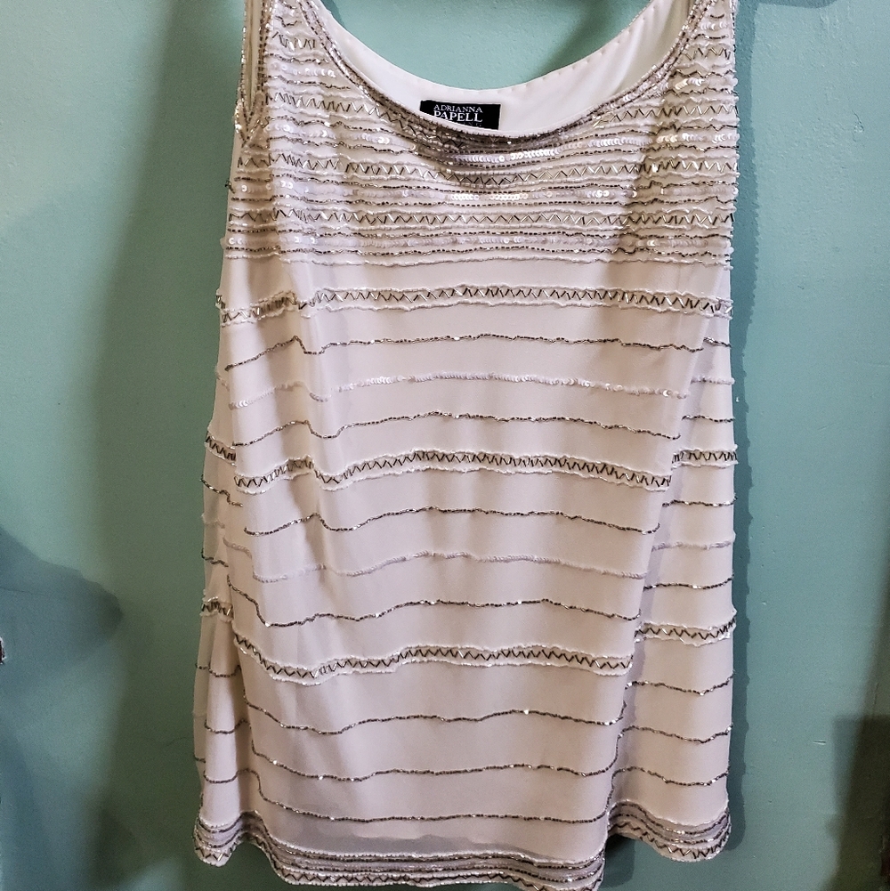 Adrianna Papell White and Silver Striped Tank Top